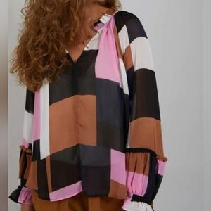 Coster Copenhagen Colorful Geometric long sleeves sheer V neck blouse